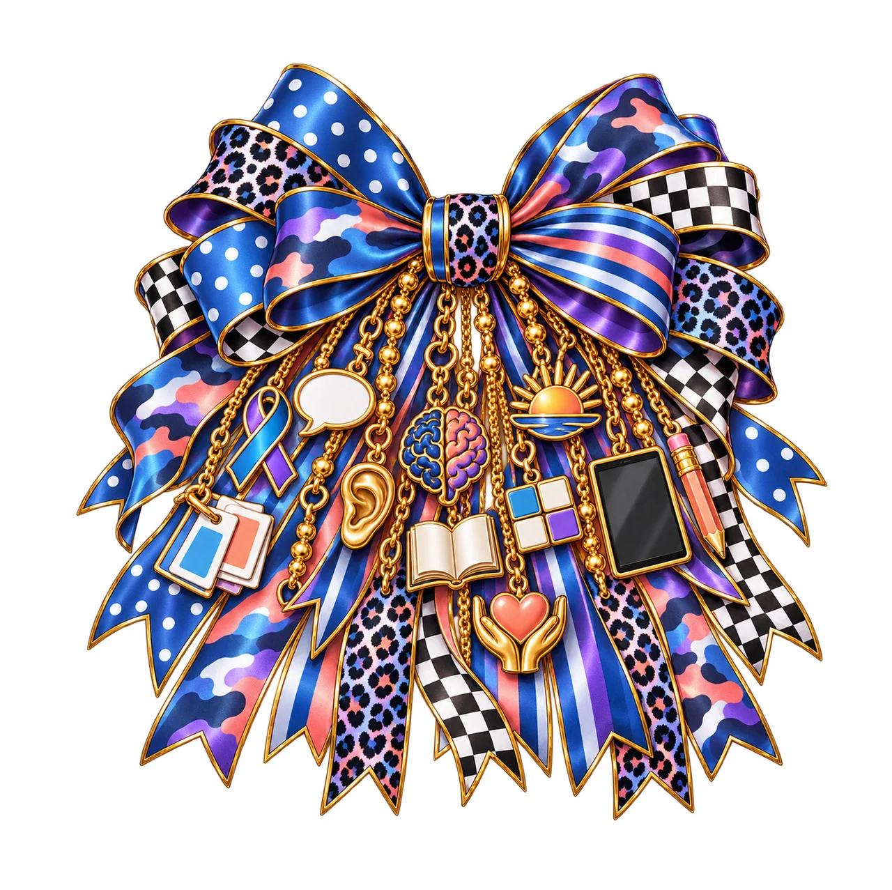 Aphasia Awareness Bow Charm PNG, Gold Chain Charms, Transparent Sublimation Design, Digital Download