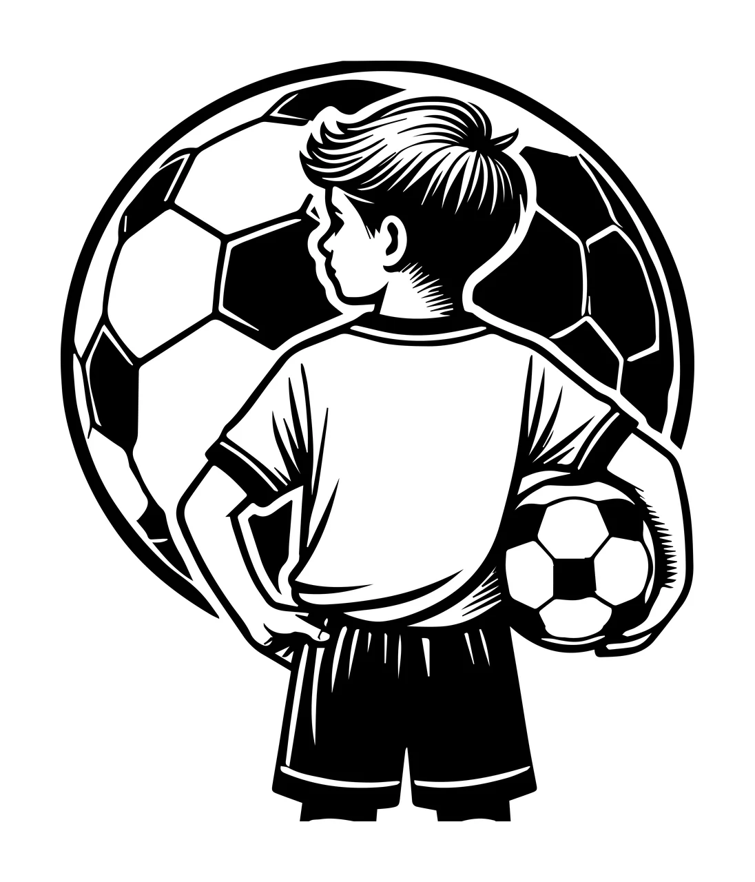 Soccer Ball Child Standing Back linocut black white plain sports
