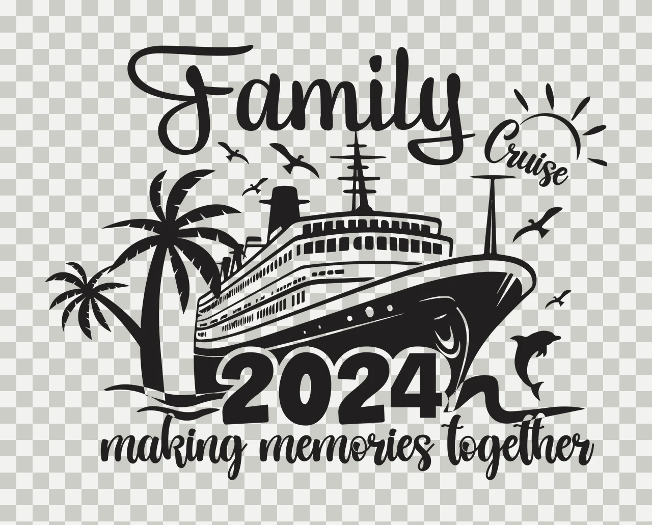 Family Cruise Ship Graphic palm tree sun birds dolphin black transparency and detail preview thumbnail
