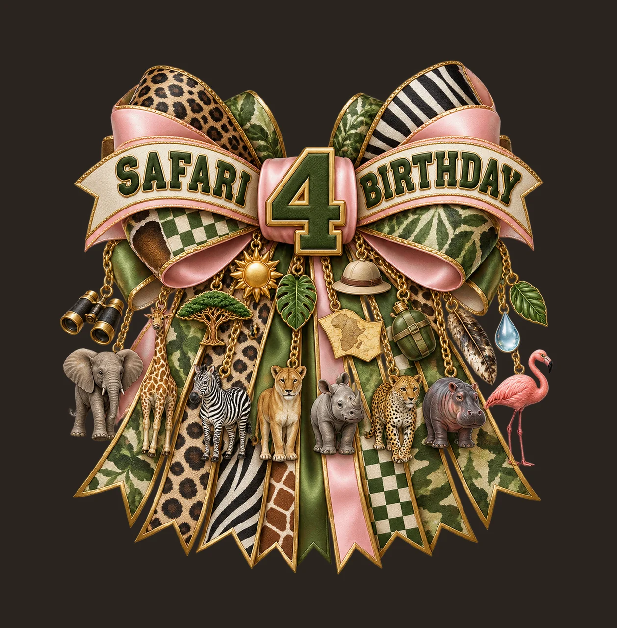 Safari Birthday 4 Bow Charm PNG, Jungle Animal Birthday Clipart, Transparent Sublimation Digital Download contrast preview thumbnail