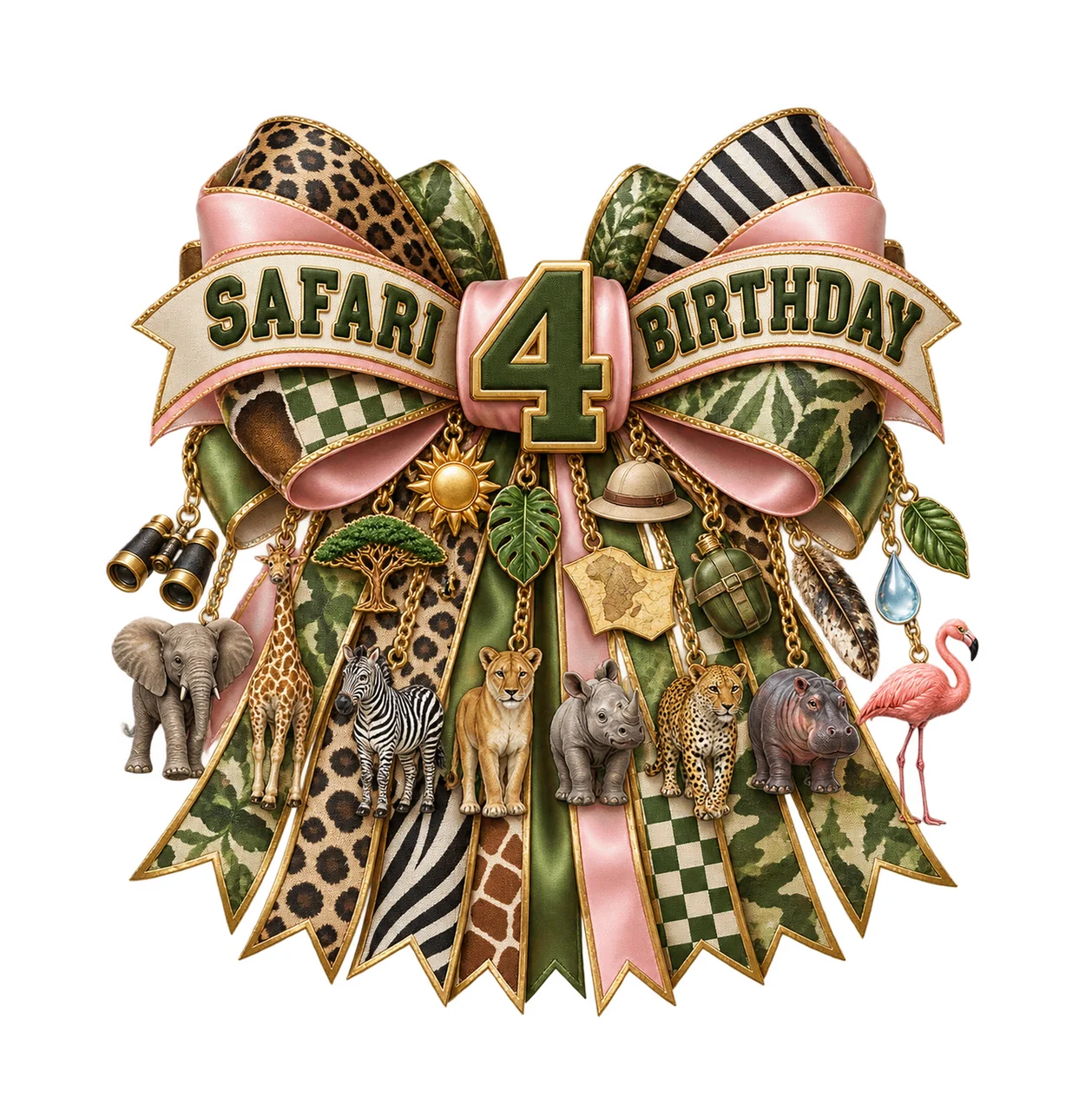 Safari Birthday 4 Bow Charm PNG, Jungle Animal Birthday Clipart, Transparent Sublimation Digital Download