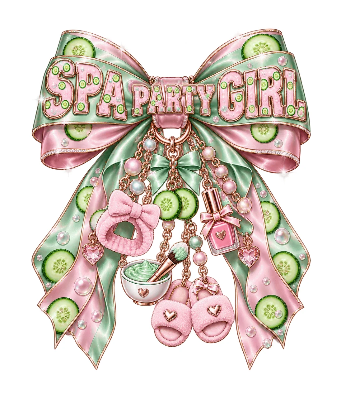 Spa Party Girl Bow Charm PNG, Coquette Ribbon Sublimation, Transparent Digital Download
