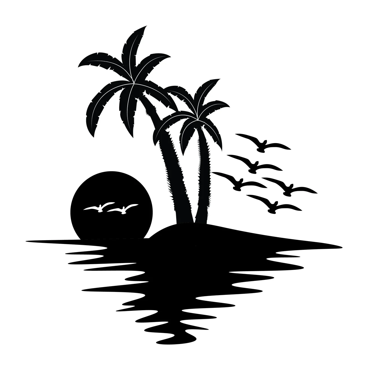 Palm Trees On Island At Sunset growing birds sun water reflection