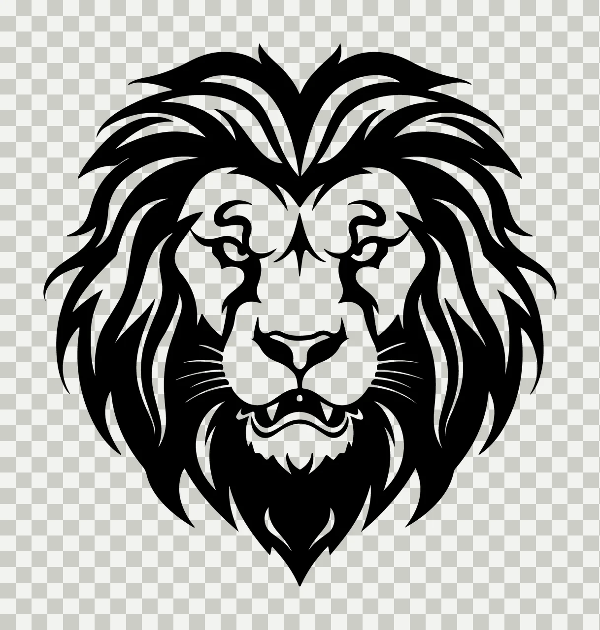 Lion Head Face Silhouette Facing Forward mane ears black white transparency and detail preview thumbnail