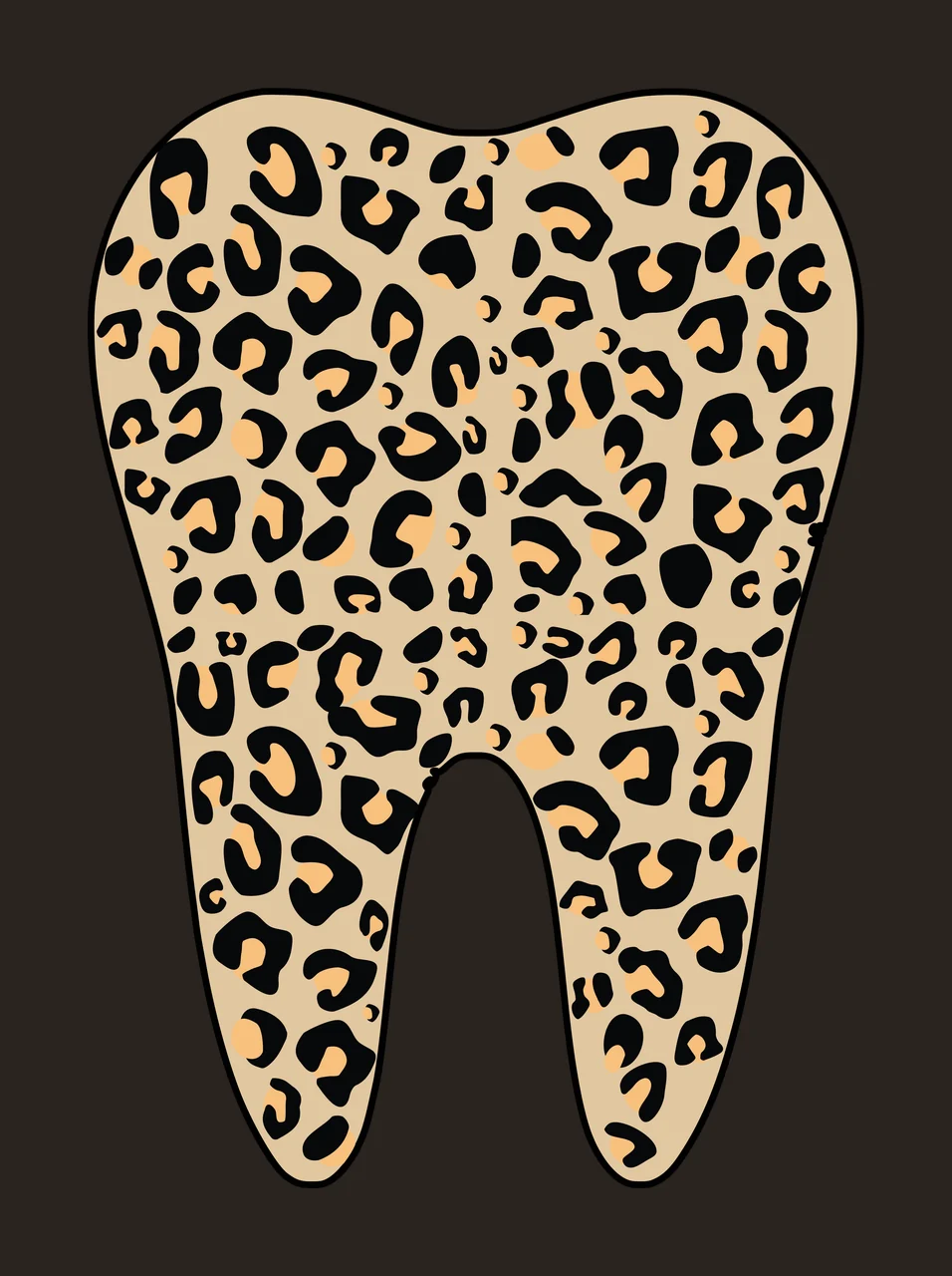 Leopard print tooth Illustration with molar shape and leopard spots in black, orange and tan contrast preview thumbnail