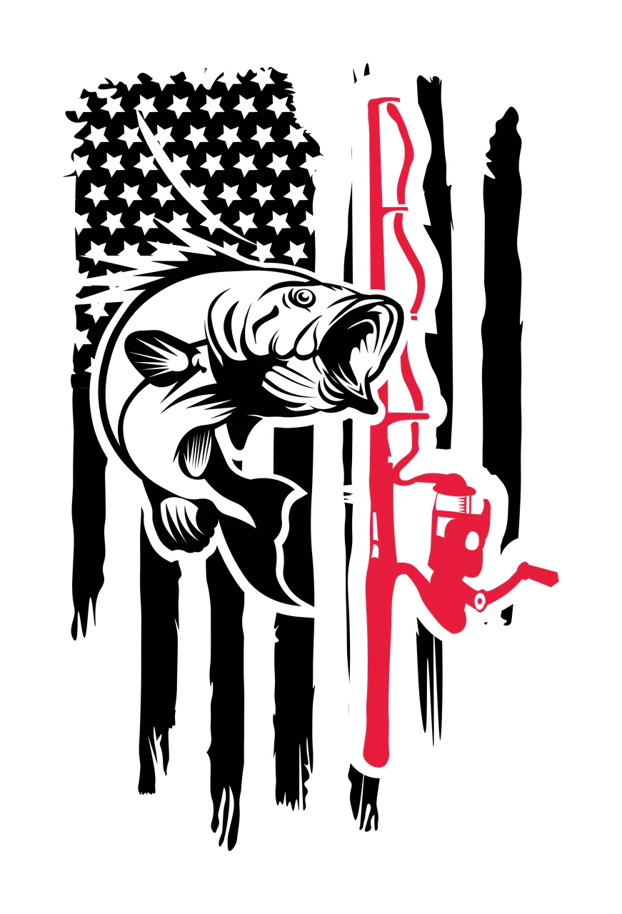 Fishing Flag With Fish And Rod stars reel black white plain