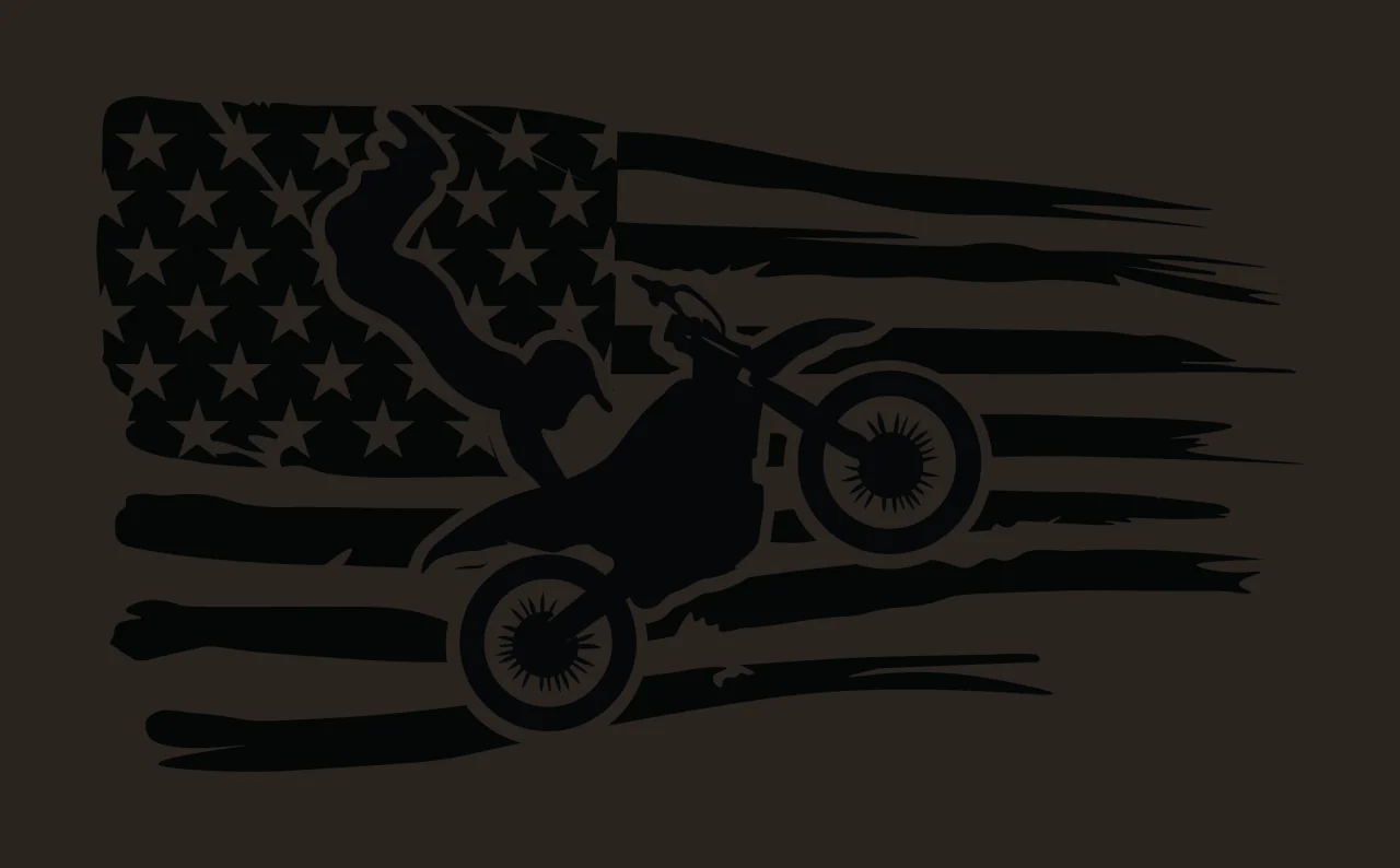 Dirt Bike Rider Leaping Before Flag stars stripes silhouette contrast preview thumbnail