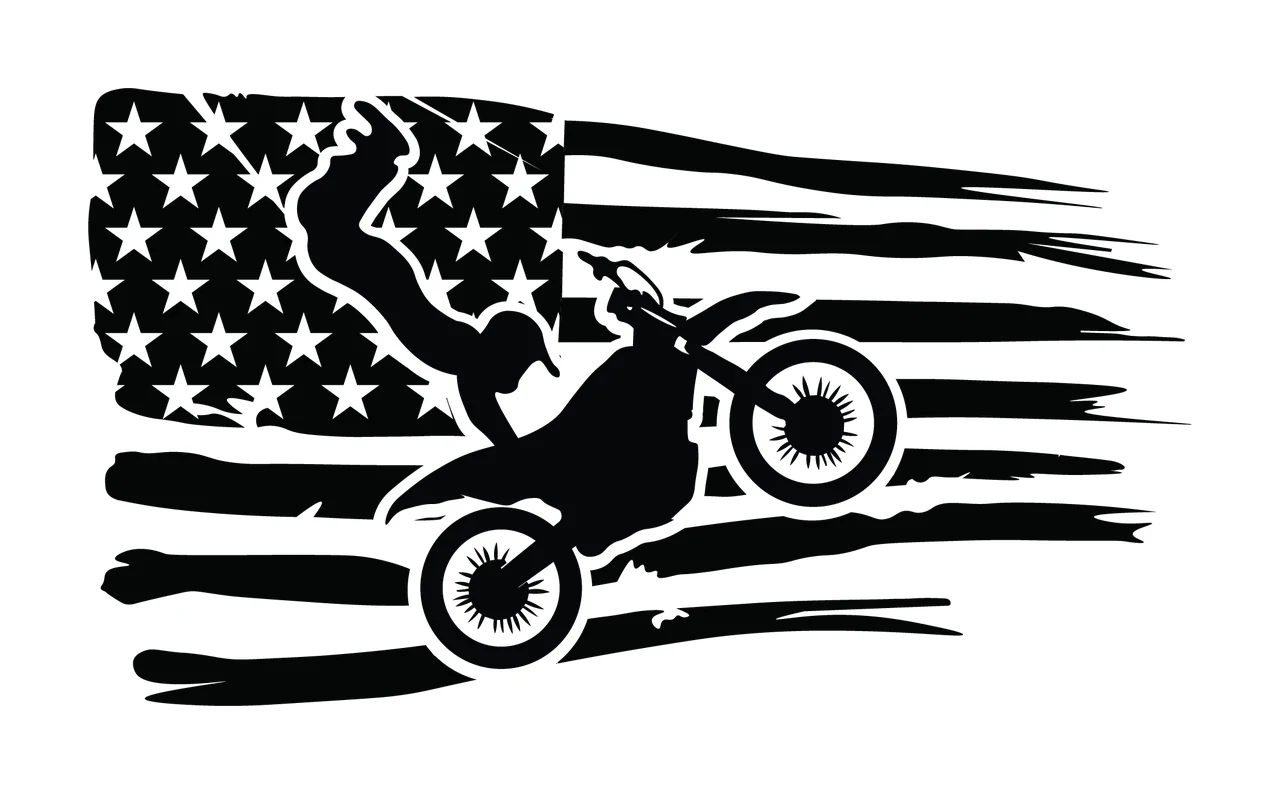 Dirt Bike Rider Leaping Before Flag stars stripes silhouette