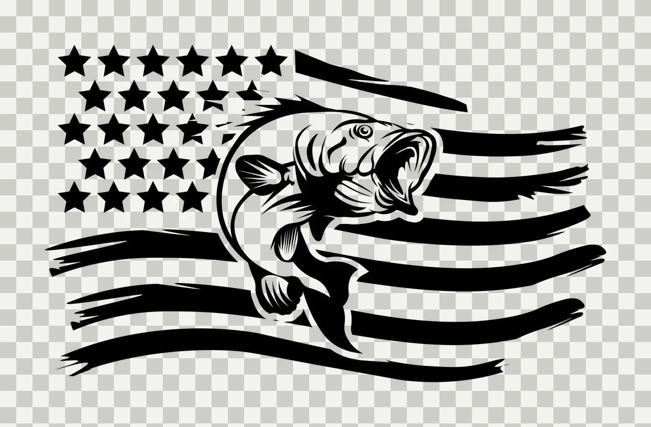 Leaping Fish With Waving Flag Graphic illustration Black White transparency and detail preview thumbnail