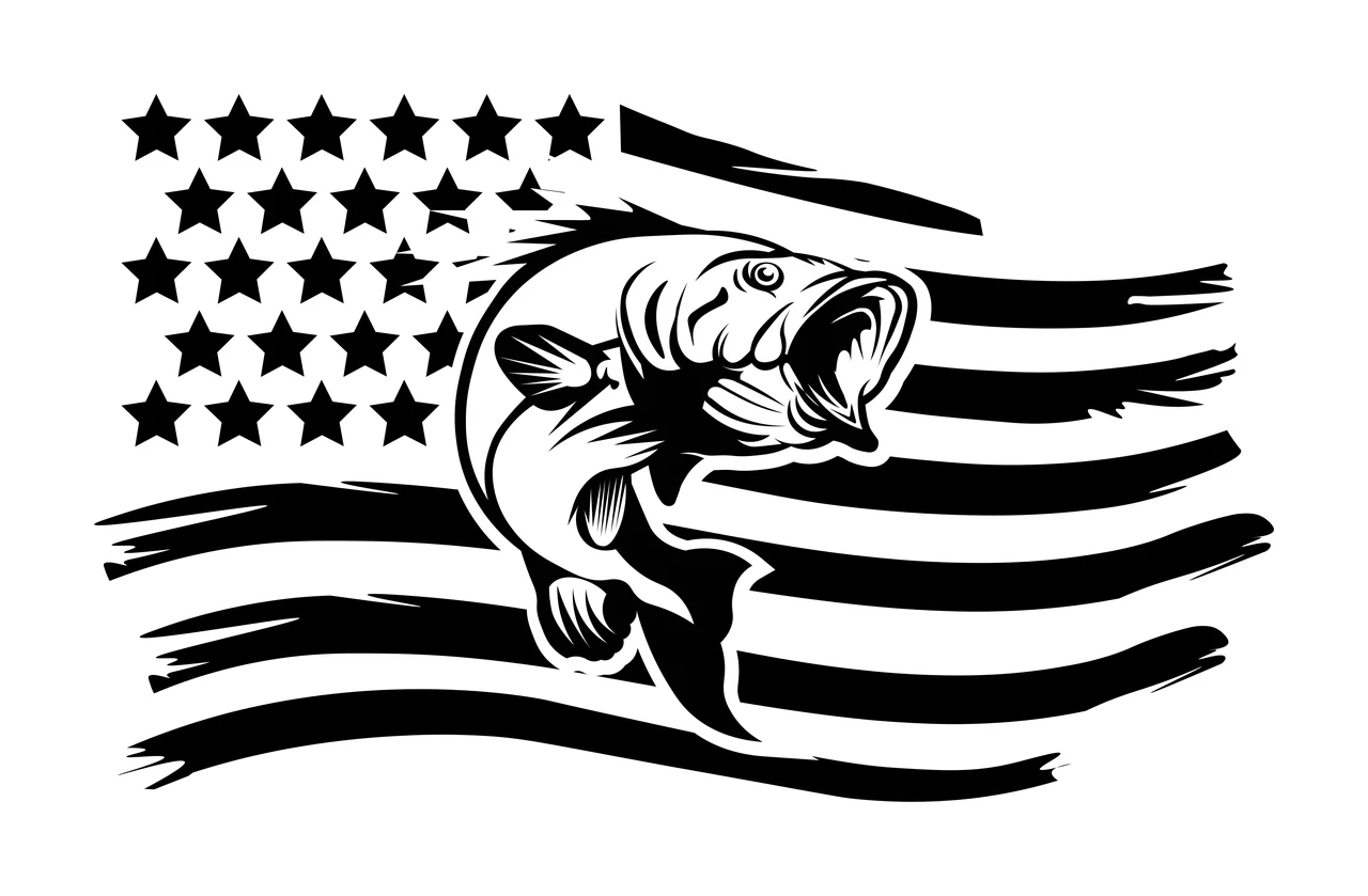 Leaping Fish With Waving Flag Graphic illustration Black White