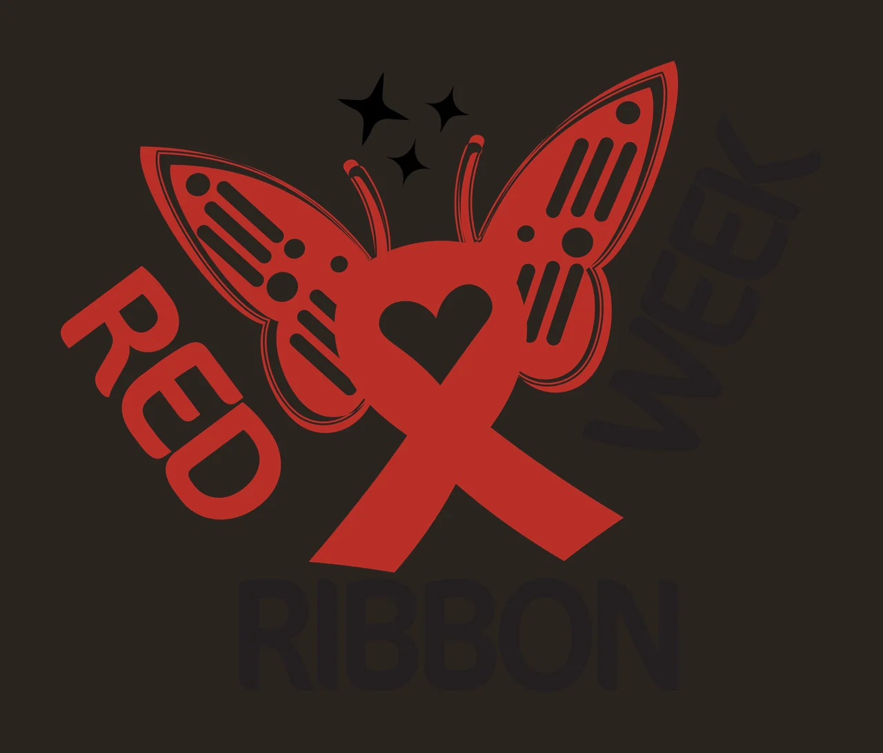RED WEEK RIBBON Typography Design with red butterfly with white wing patterns, red ribbon shaped like an X with white heart center, black star shapes and text 'RED' in red curved font contrast preview thumbnail