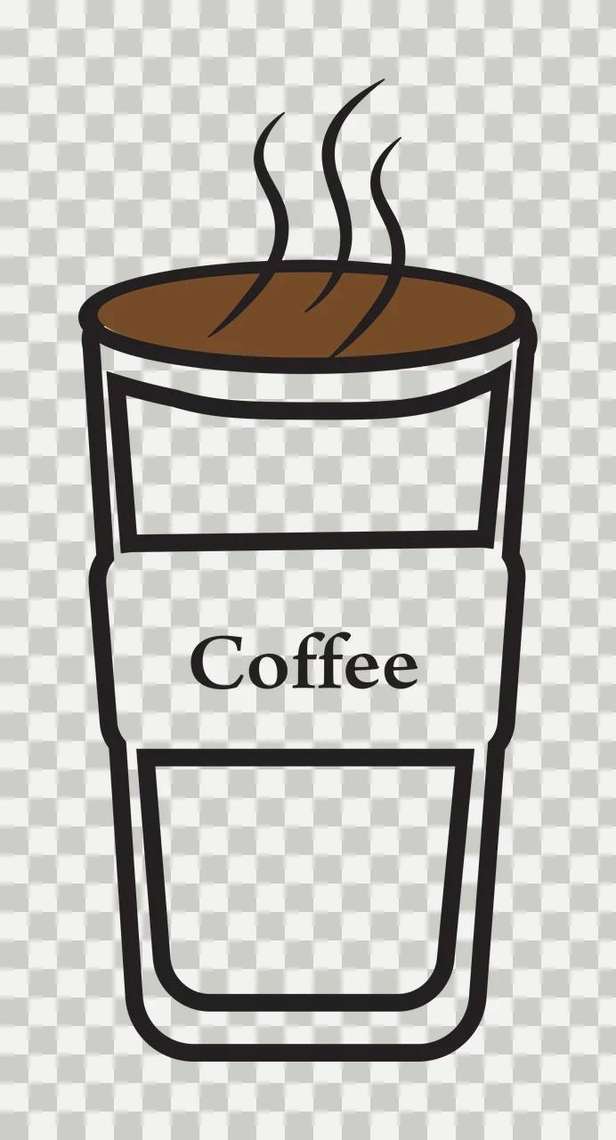 Coffee Disposable coffee cup Design with white cup with black outline, brown liquid surface, three black wavy steam lines and black text 'Coffee' on white sleeve transparency and detail preview thumbnail