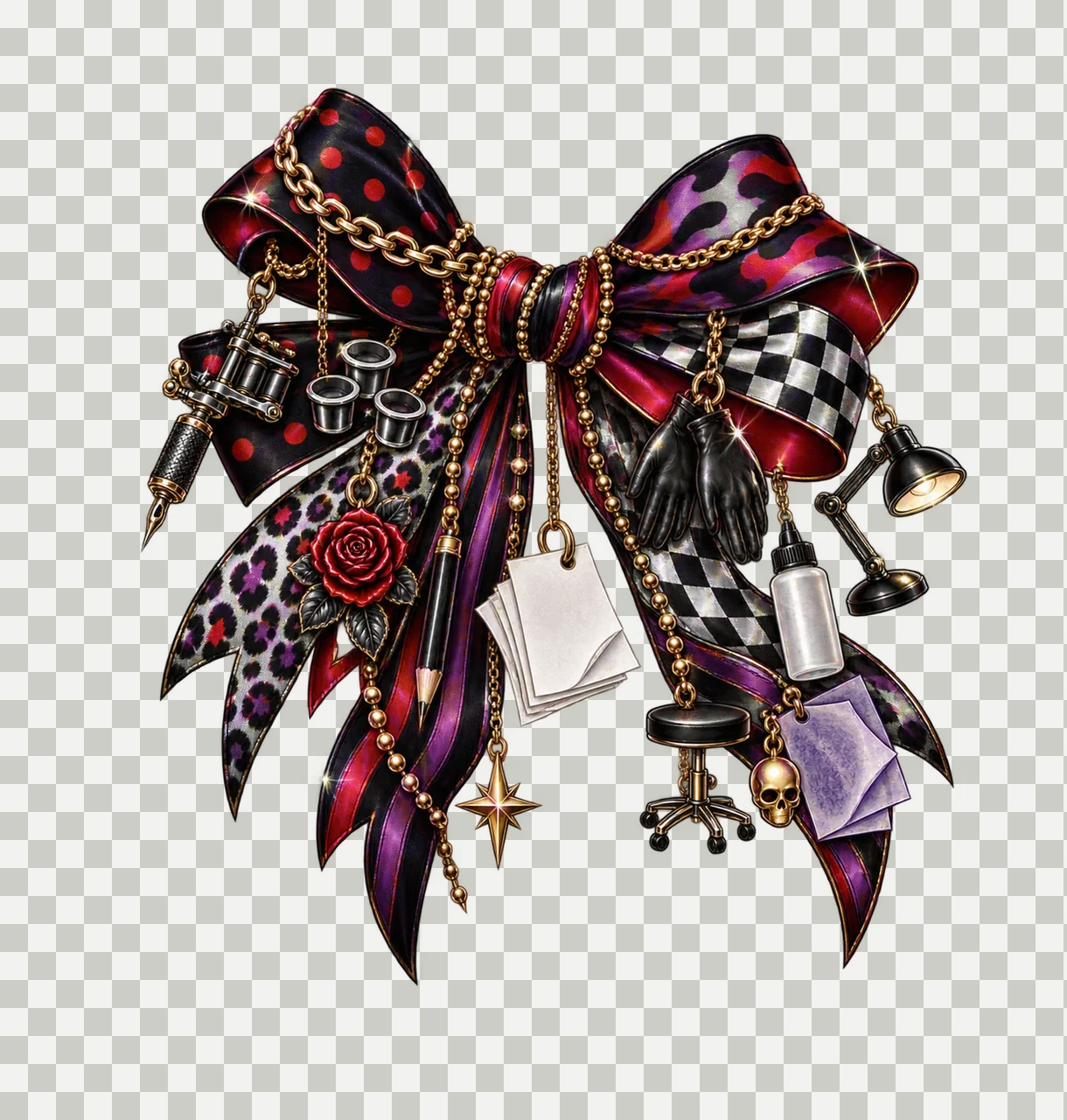 Tattoo Artist Bow Charm PNG, Themed Gold Chain Charms, Coquette Ribbon Sublimation Design, Transparent Digital Download transparency and detail preview thumbnail