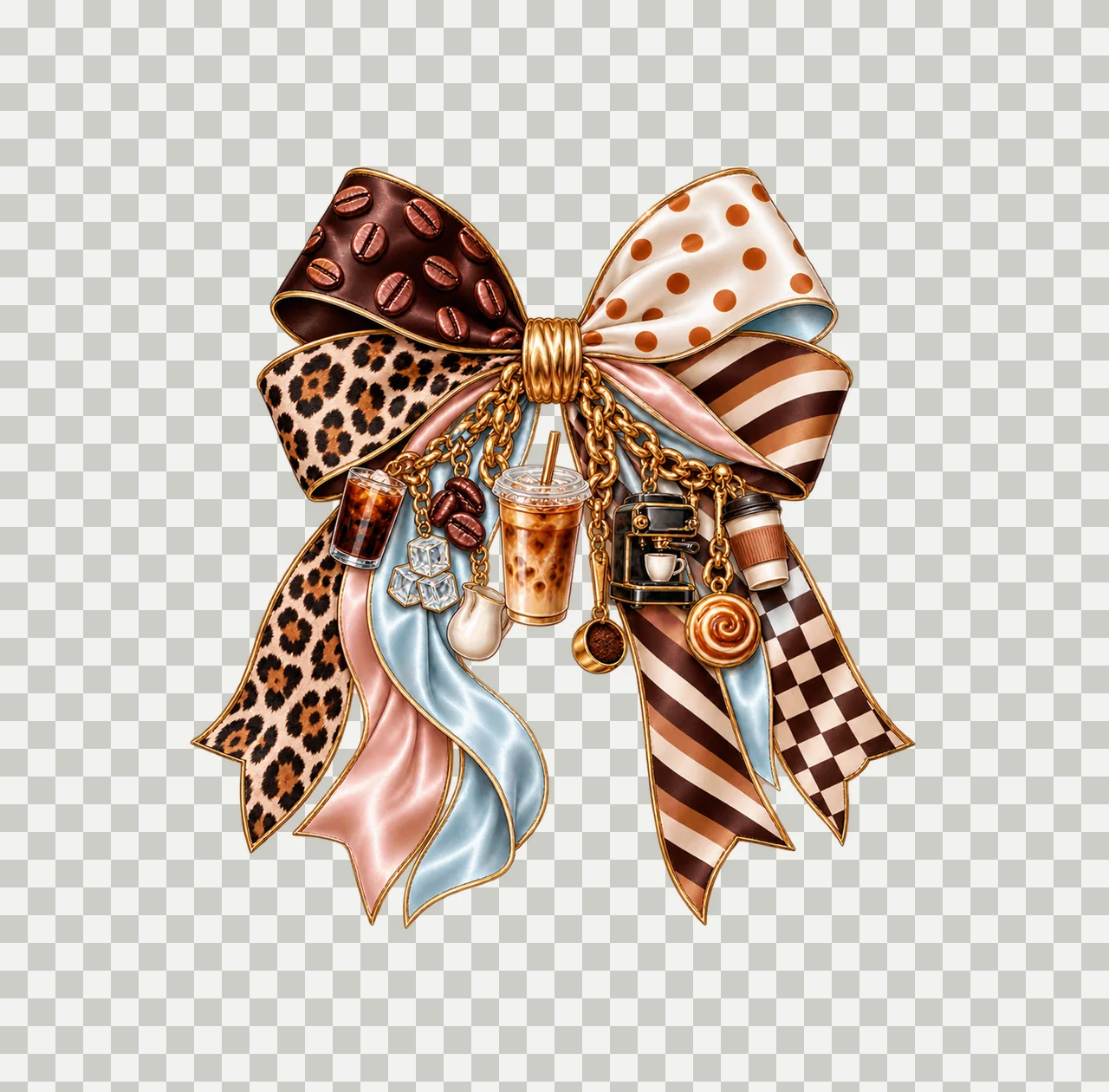 Iced Coffee Bow Charm PNG, Patterned Boutique Ribbon Clipart, Transparent Sublimation Digital Download transparency and detail preview thumbnail