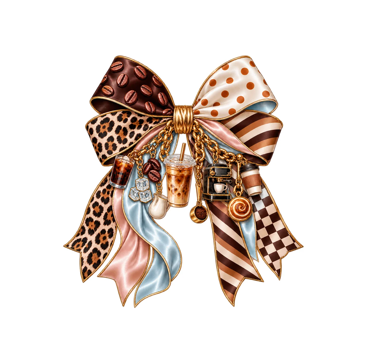 Iced Coffee Bow Charm PNG, Patterned Boutique Ribbon Clipart, Transparent Sublimation Digital Download