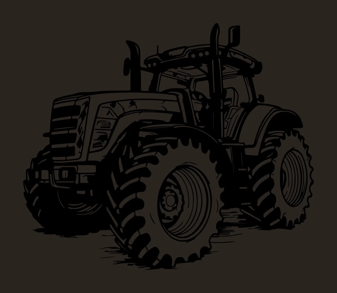 Low Angle View Farm Tractor standing wheels tires cabin exhaust pipes contrast preview thumbnail