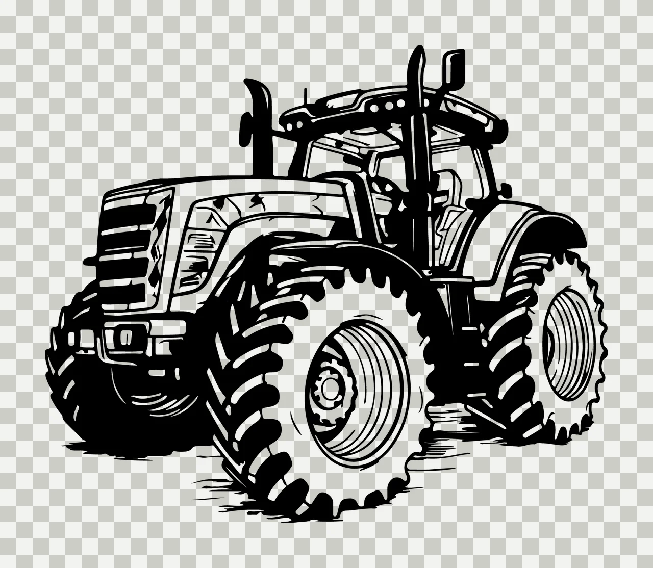 Low Angle View Farm Tractor standing wheels tires cabin exhaust pipes transparency and detail preview thumbnail