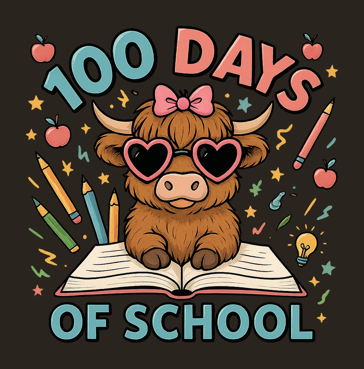 100 Days Of School Highland Cow Cute School Design 100 Days contrast preview thumbnail