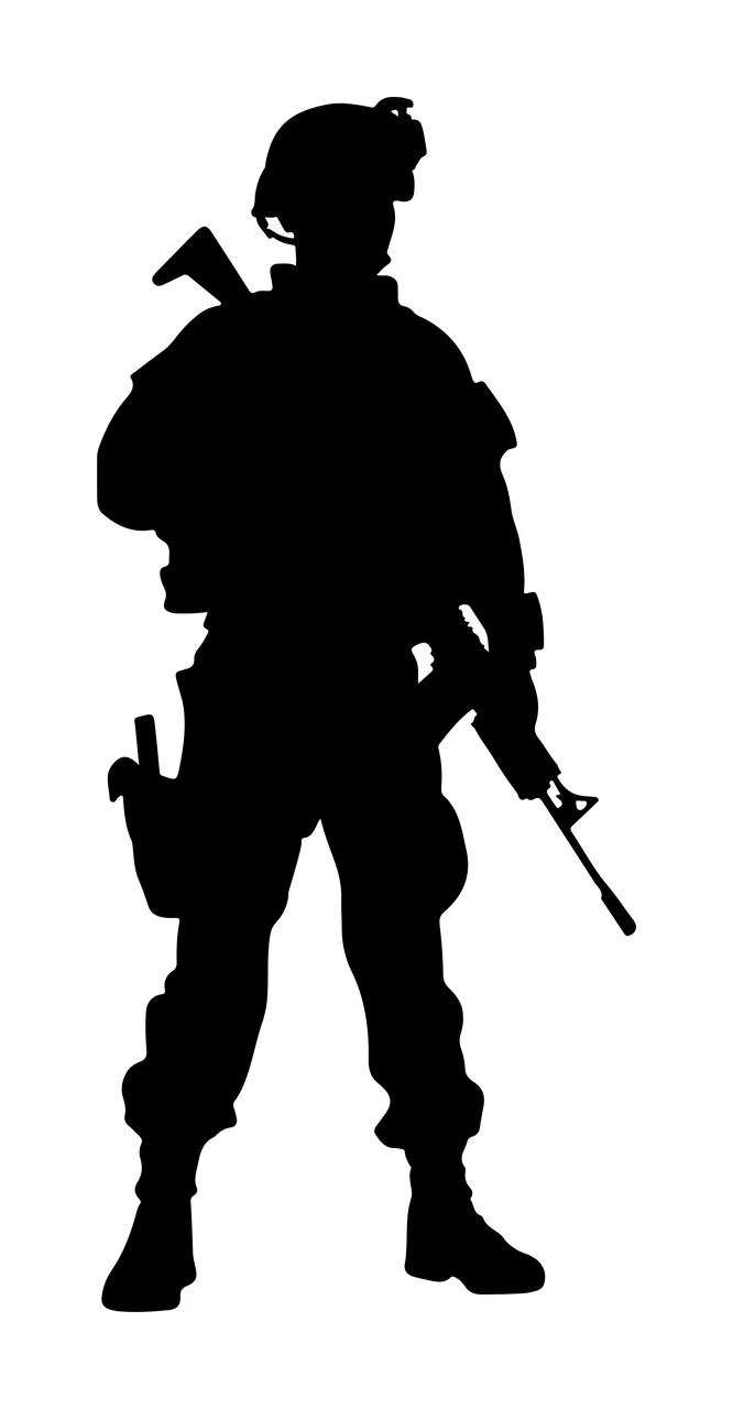 Body Full Standing Silhouette Of A Person Wearing helmet firearm