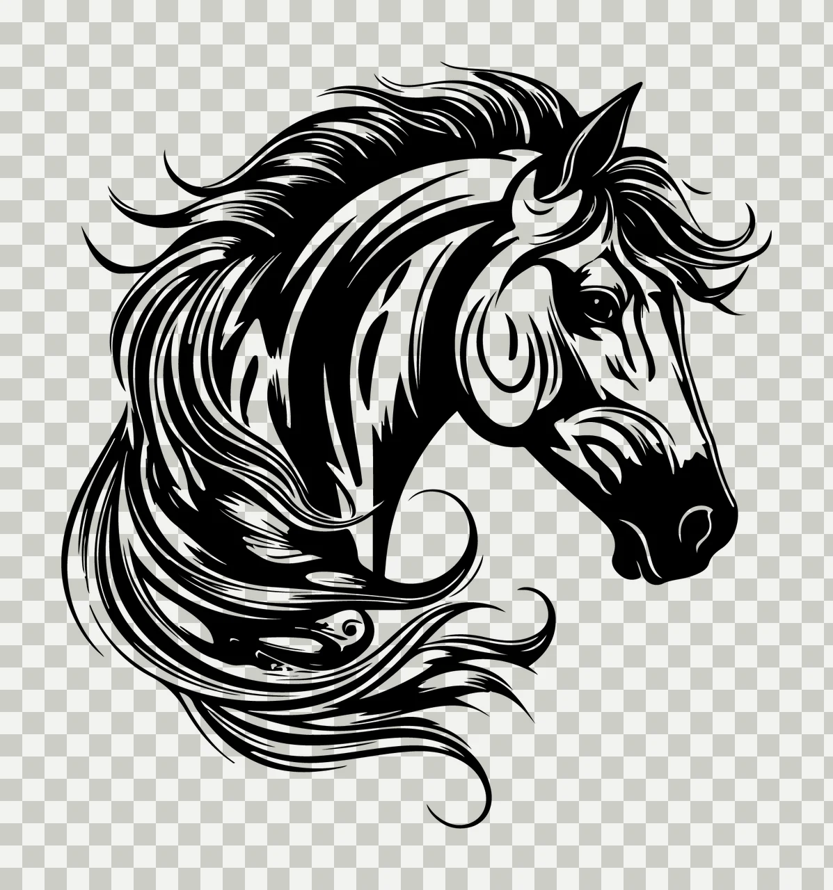 Horse Head In Profile Portrait static mane line art black white transparency and detail preview thumbnail