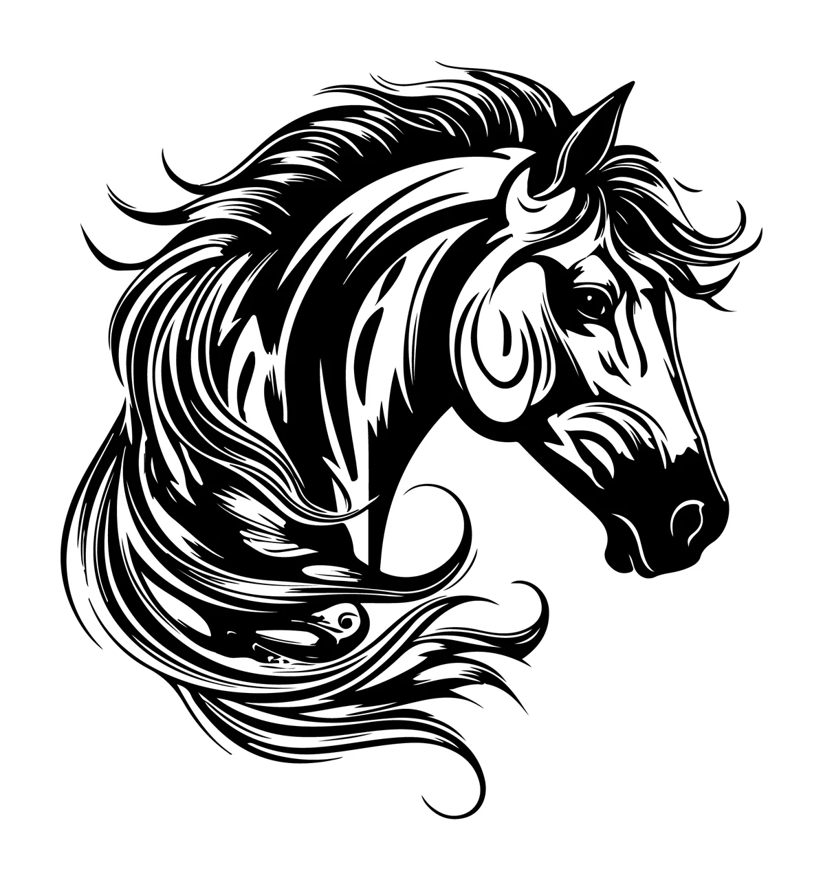 Horse Head In Profile Portrait static mane line art black white
