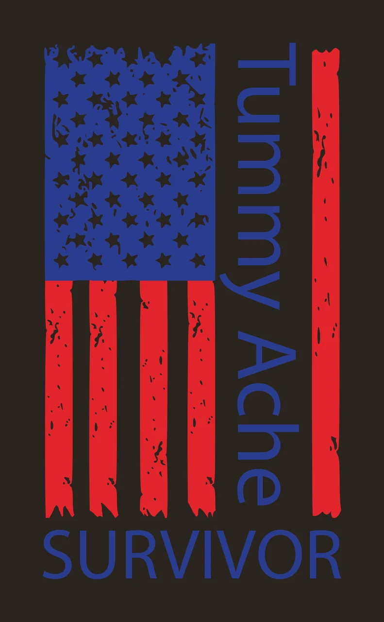 Tummy Ache SURVIVOR Typography Design with blue field with white stars, red and white vertical stripes, vertical text 'Tummy Ache' and horizontal text 'SURVIVOR' contrast preview thumbnail