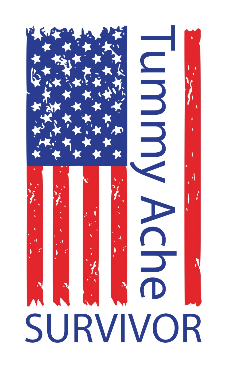 Tummy Ache SURVIVOR Typography Design with blue field with white stars, red and white vertical stripes, vertical text 'Tummy Ache' and horizontal text 'SURVIVOR'
