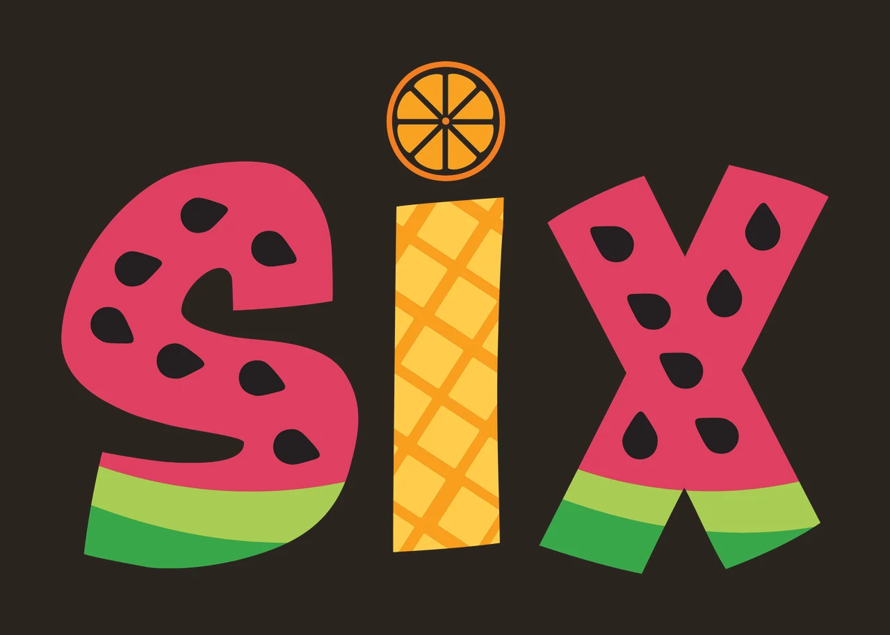SIX fruit typography spelling SIX with watermelon letter S, pineapple letter I, orange slice dot and black seeds in pink, green and yellow contrast preview thumbnail