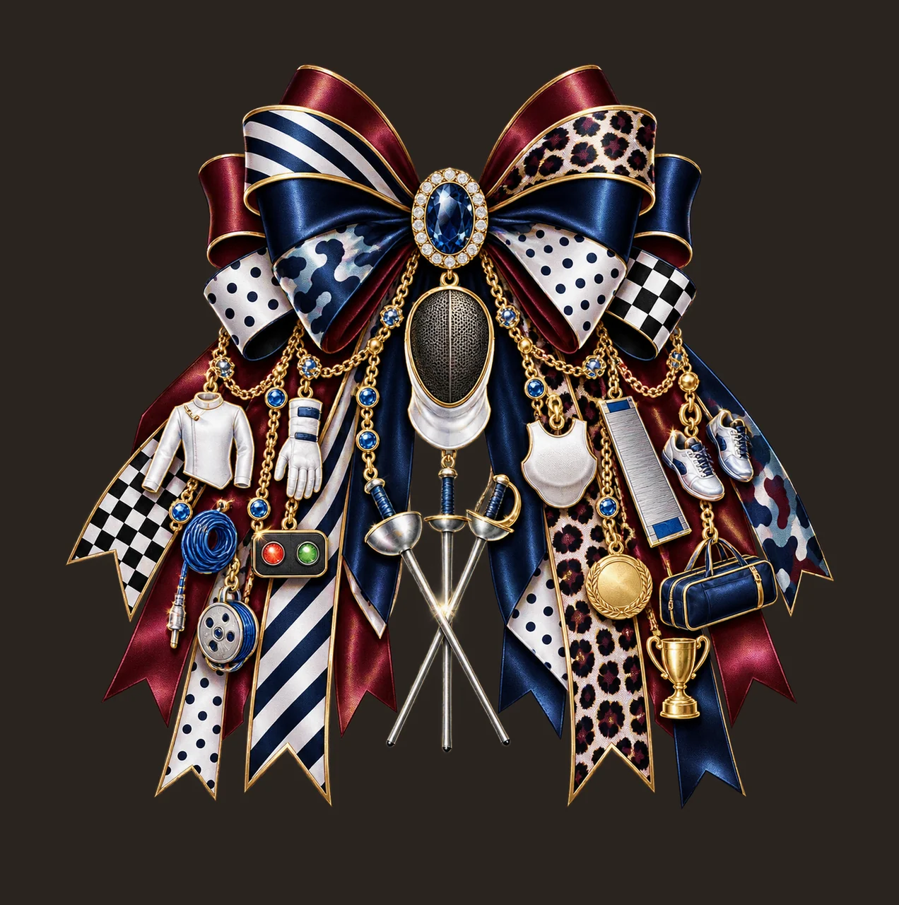 Fencing Sport Lover Bow Charm PNG, Themed Gold Chain Charms, Coquette Ribbon Sublimation Design, Transparent Digital Download contrast preview thumbnail