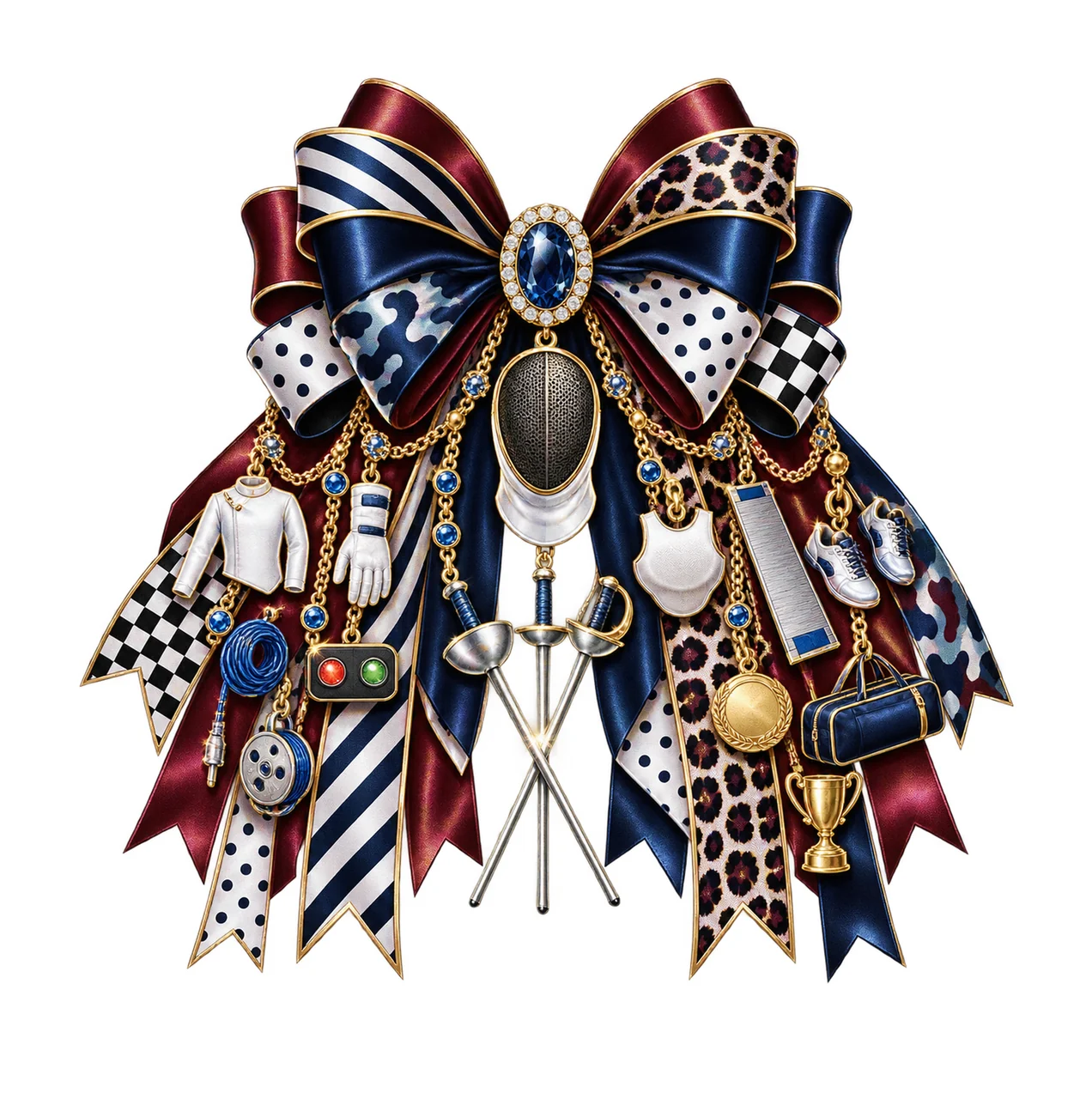 Fencing Sport Lover Bow Charm PNG, Themed Gold Chain Charms, Coquette Ribbon Sublimation Design, Transparent Digital Download