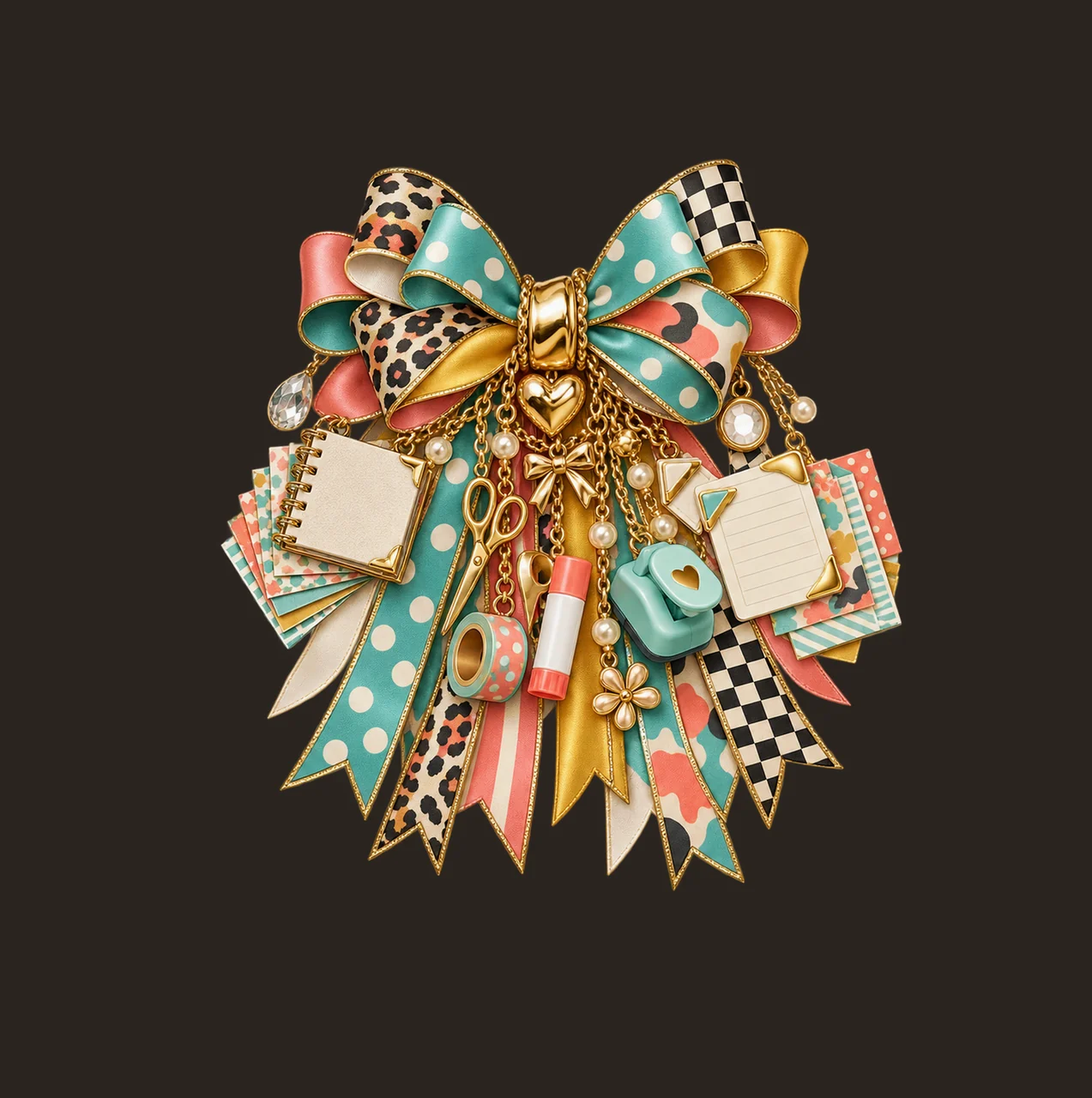 Scrapbooker Bow Charm PNG, Themed Gold Chain Charms, Coquette Ribbon Sublimation Design, Transparent Digital Download contrast preview thumbnail