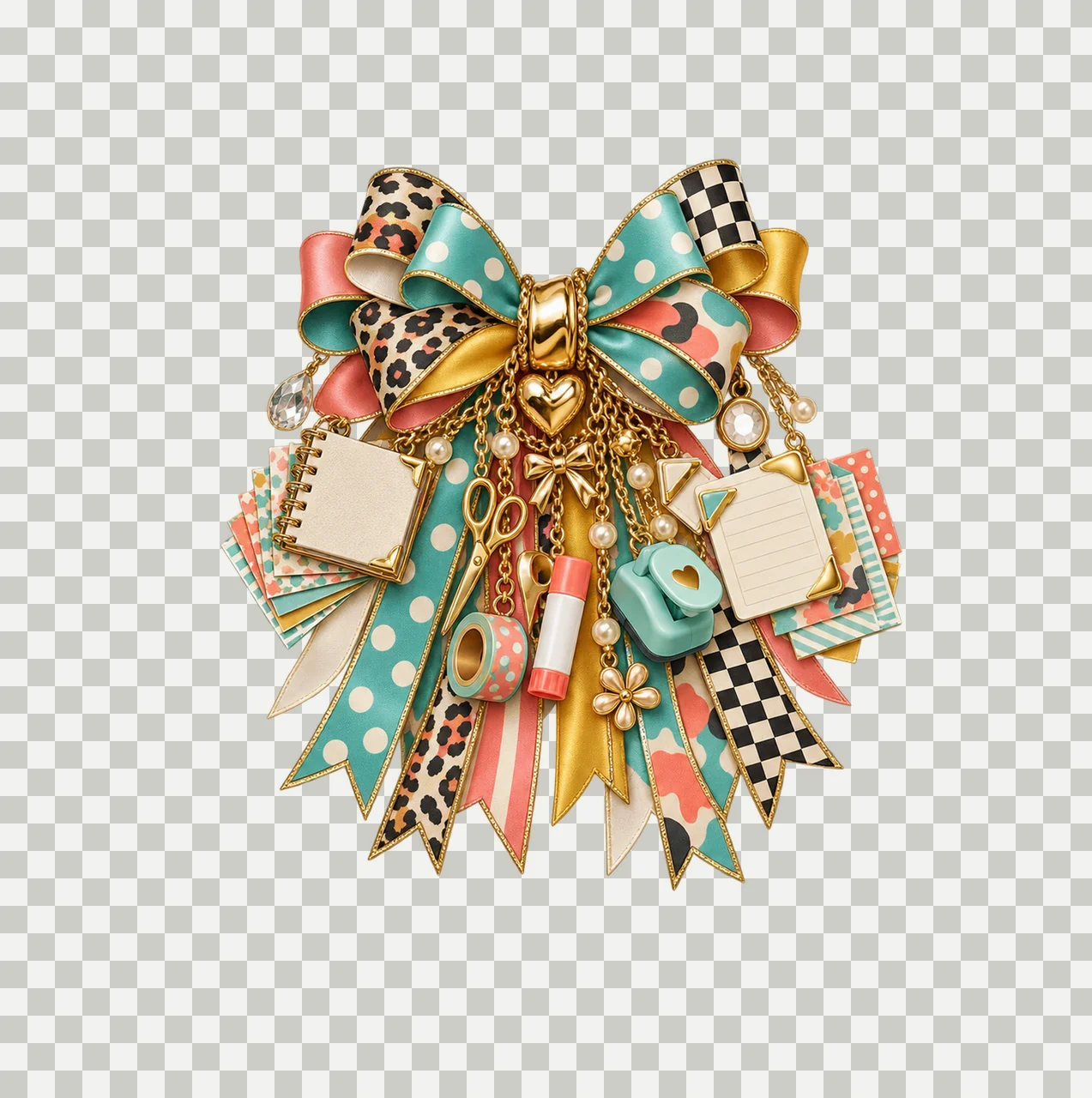 Scrapbooker Bow Charm PNG, Themed Gold Chain Charms, Coquette Ribbon Sublimation Design, Transparent Digital Download transparency and detail preview thumbnail