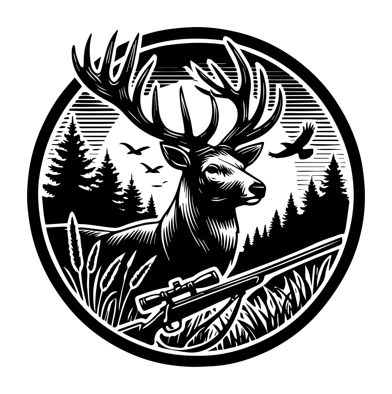 Stag And Rifle Forest Emblem standing antlers pine trees birds