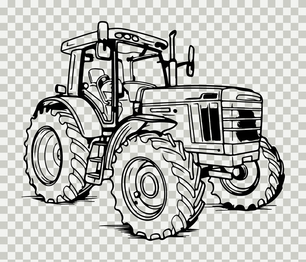 Detailed Tractor Farming Vehicle Line Art wheels engine cab transparency and detail preview thumbnail