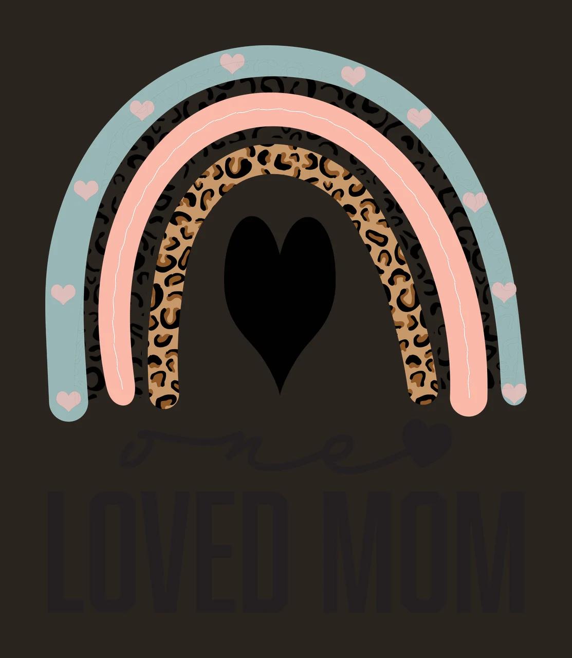 One LOVED MOM Typography Design with boho rainbow, leopard print arch, dalmatian pattern arch and pink hearts in sage green, peach pink and black contrast preview thumbnail