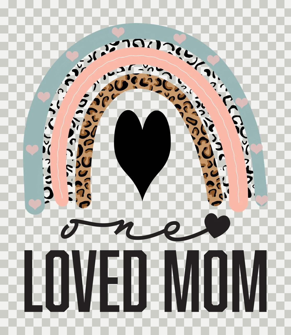 One LOVED MOM Typography Design with boho rainbow, leopard print arch, dalmatian pattern arch and pink hearts in sage green, peach pink and black transparency and detail preview thumbnail
