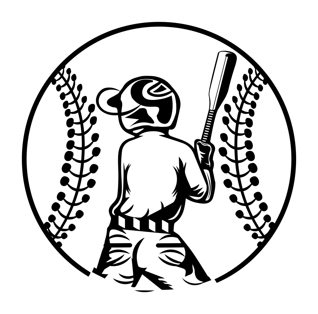 Baseball Player Inside Circle Frame batting bat seams black
