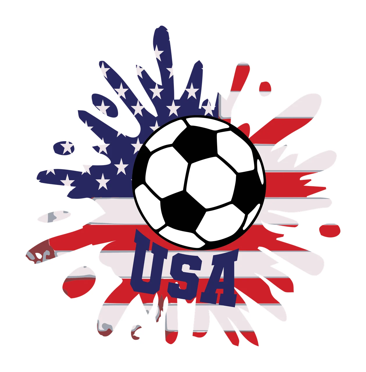 USA USA soccer ball Design with American flag pattern, paint splatter and USA text in red, white and blue