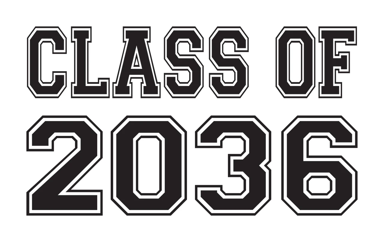 CLASS OF 2036 Typography Design with black block letters with white outlines