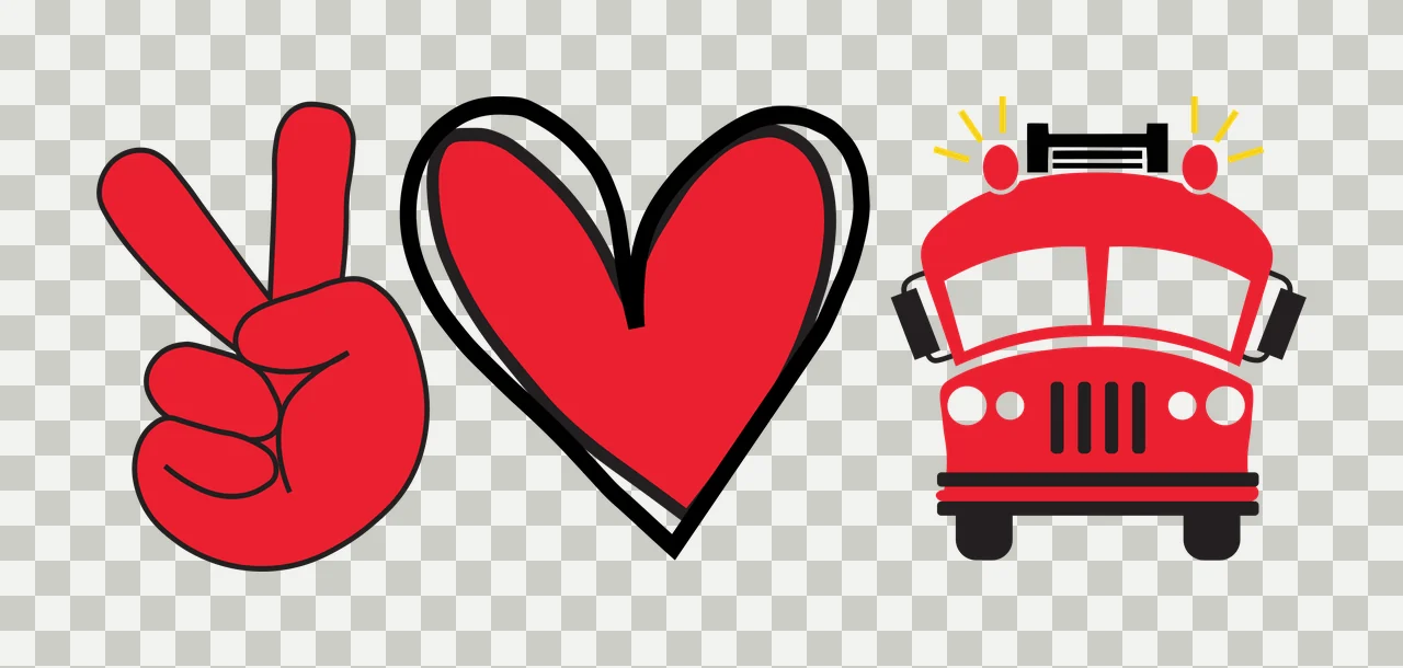 Peace sign hand, heart symbol, and fire truck design with emergency lights and black outline in red and white transparency and detail preview thumbnail