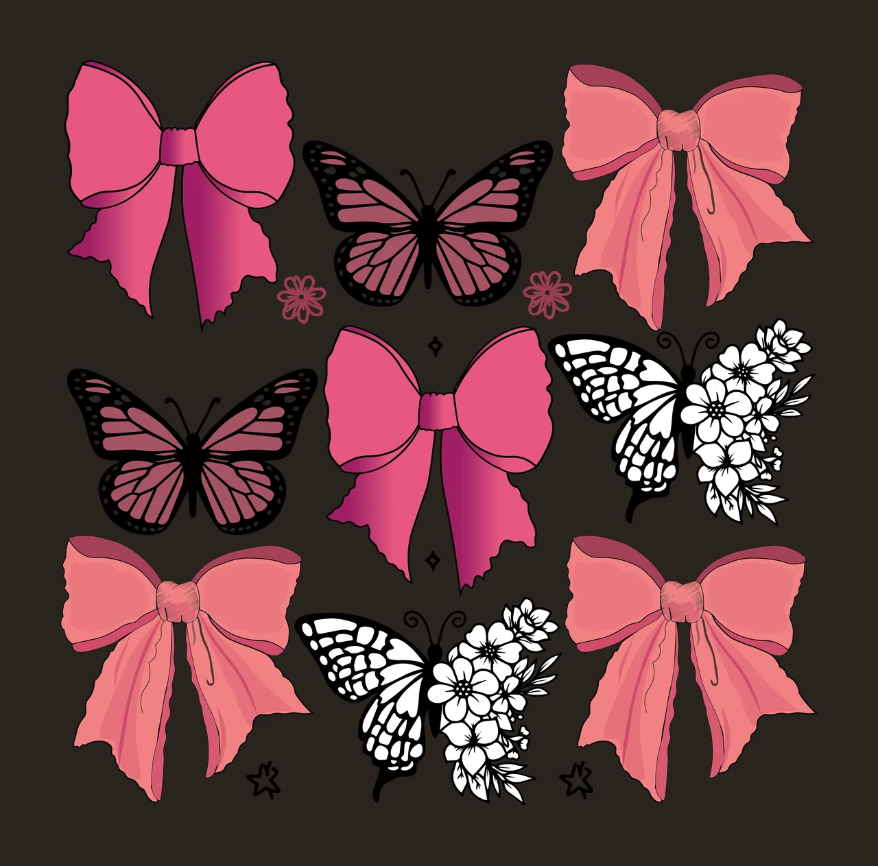 Butterfly Black And Bow Pattern butterflies bows floating ribbon contrast preview thumbnail