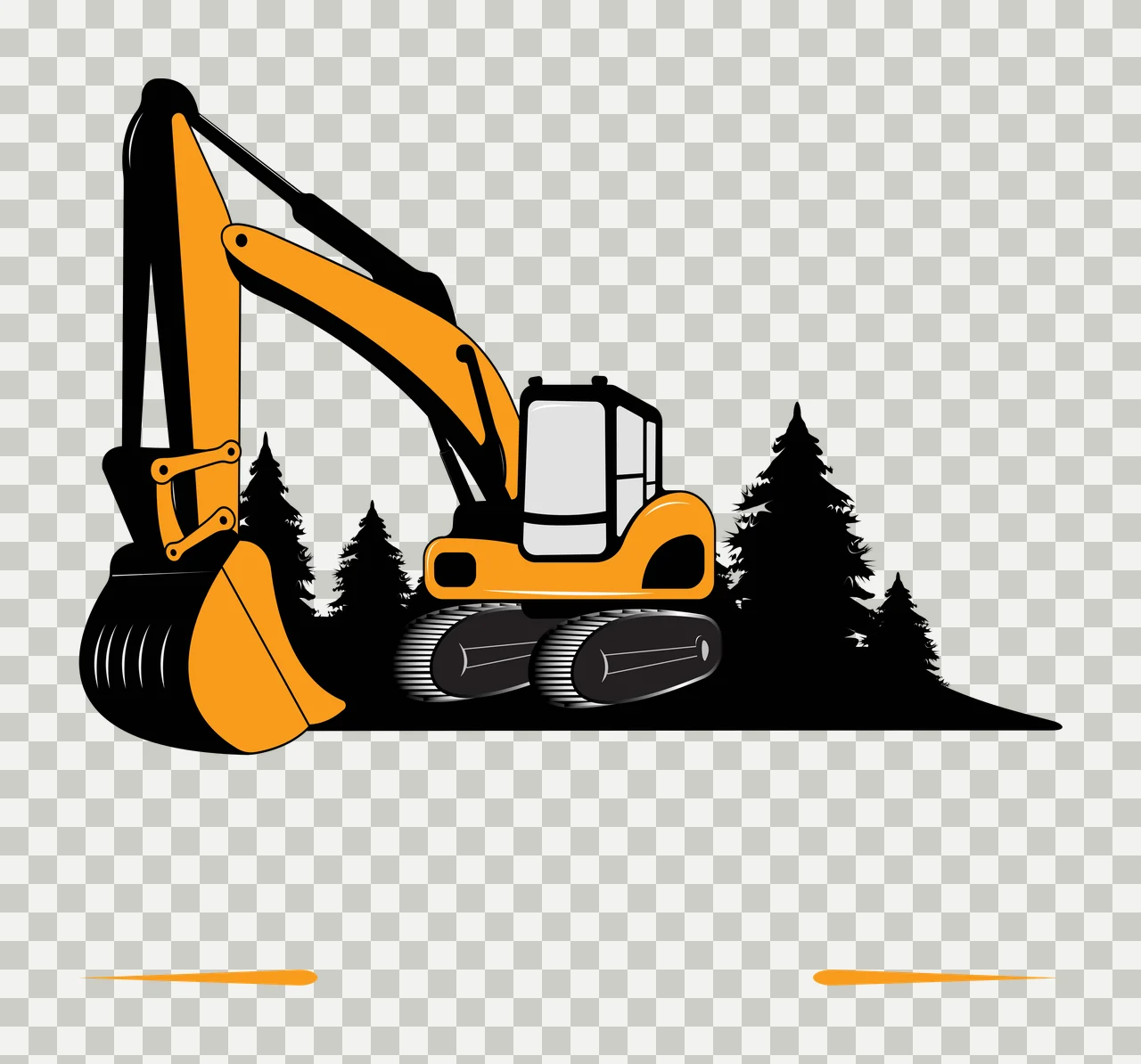 Yellow excavator with black tracks and bucket Illustration with black pine tree silhouettes in gray transparency and detail preview thumbnail
