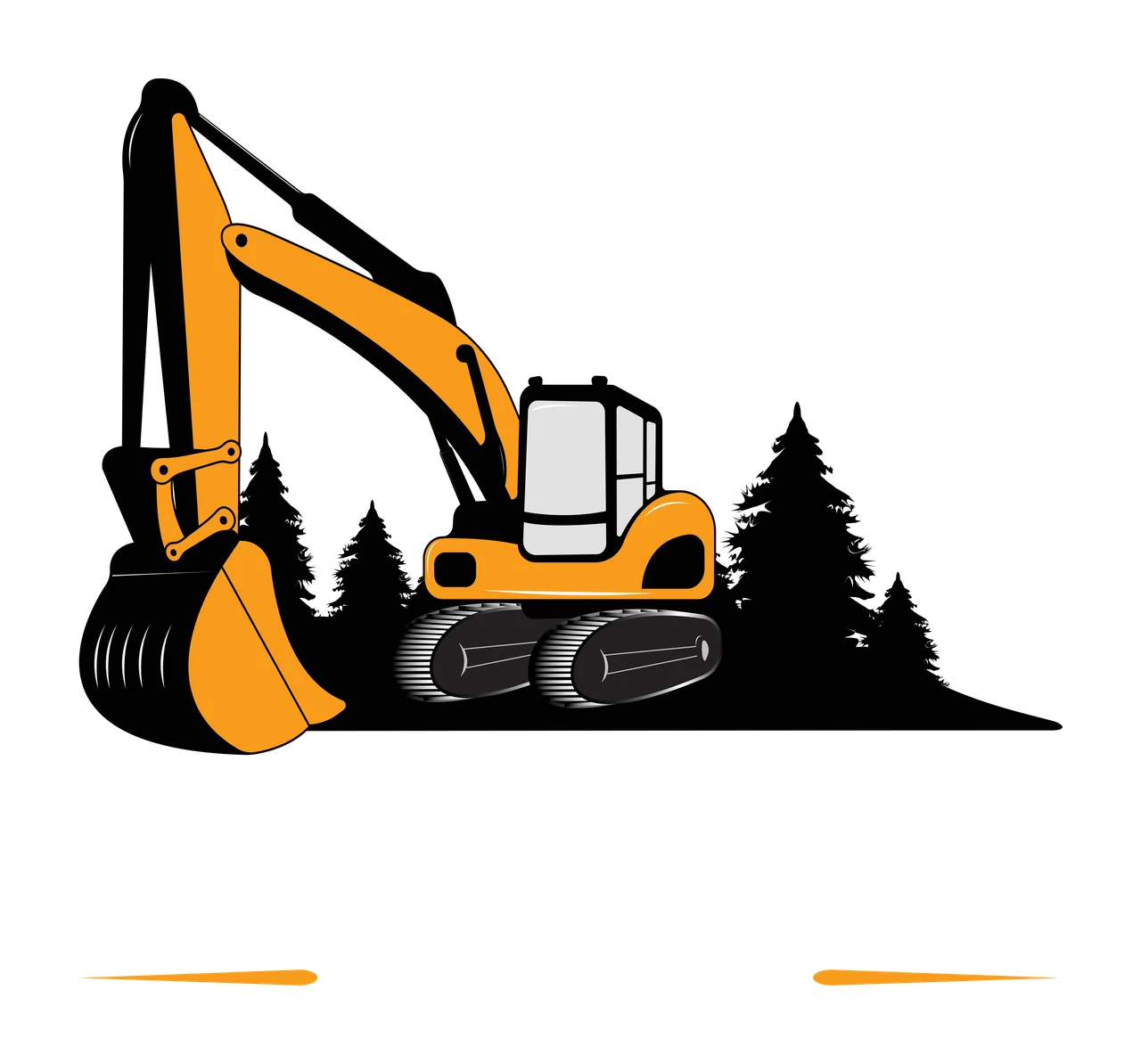 Yellow excavator with black tracks and bucket Illustration with black pine tree silhouettes in gray