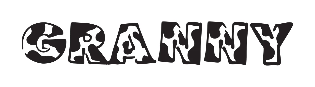 GRANNY Typography Design with inverted cow print pattern, bold letters and text GRANNY in black and white