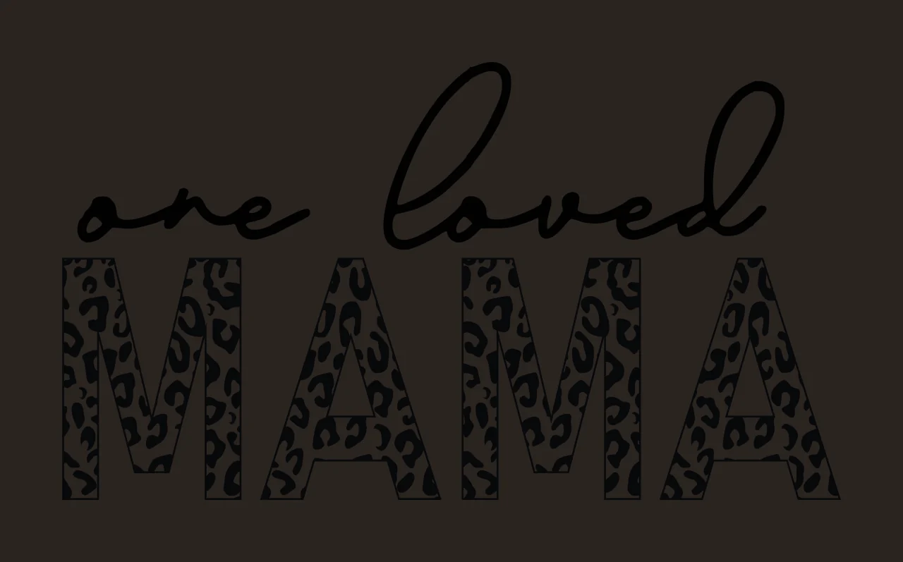 One loved MAMA Typography Design with black cursive text 'one loved' and black outlined letters 'MAMA' filled with black-on-white leopard pattern contrast preview thumbnail