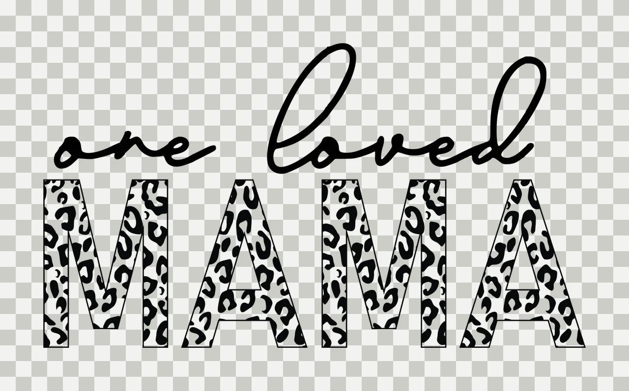 One loved MAMA Typography Design with black cursive text 'one loved' and black outlined letters 'MAMA' filled with black-on-white leopard pattern transparency and detail preview thumbnail