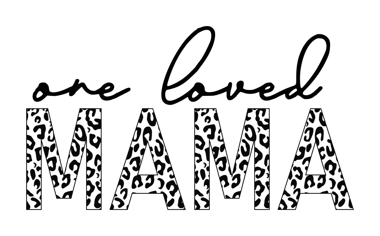 One loved MAMA Typography Design with black cursive text 'one loved' and black outlined letters 'MAMA' filled with black-on-white leopard pattern