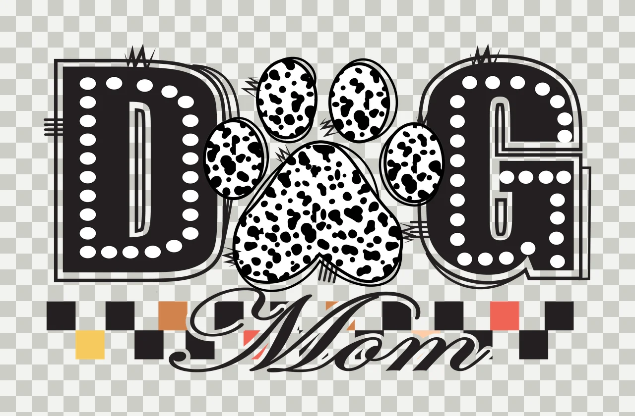 Dog Mom Black And White Text With Paw print checkered pattern transparency and detail preview thumbnail