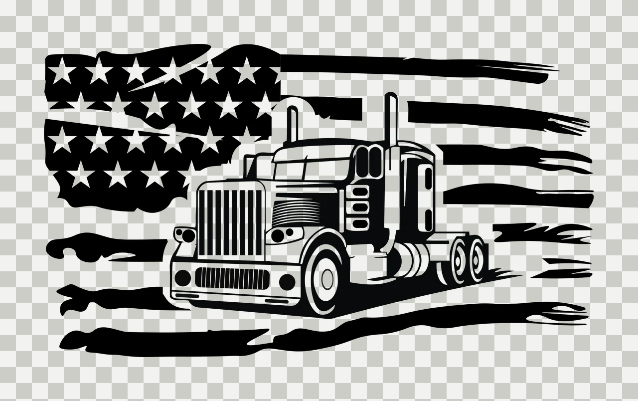 Semi Truck Flag Over Distressed driving stencil black white transparency and detail preview thumbnail