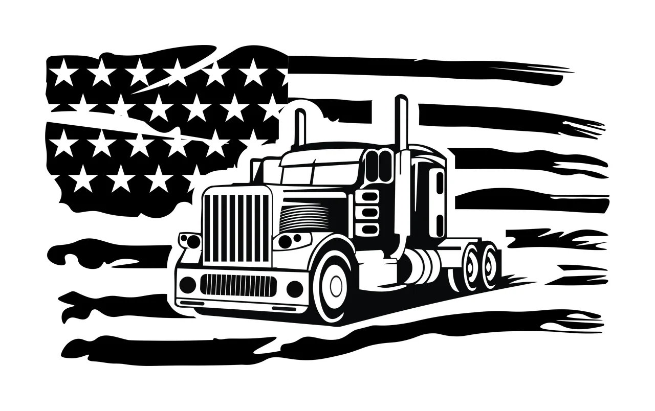 Semi Truck Flag Over Distressed driving stencil black white
